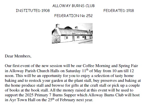 Alloway Burns Club's Coffee Morning and Spring Fair